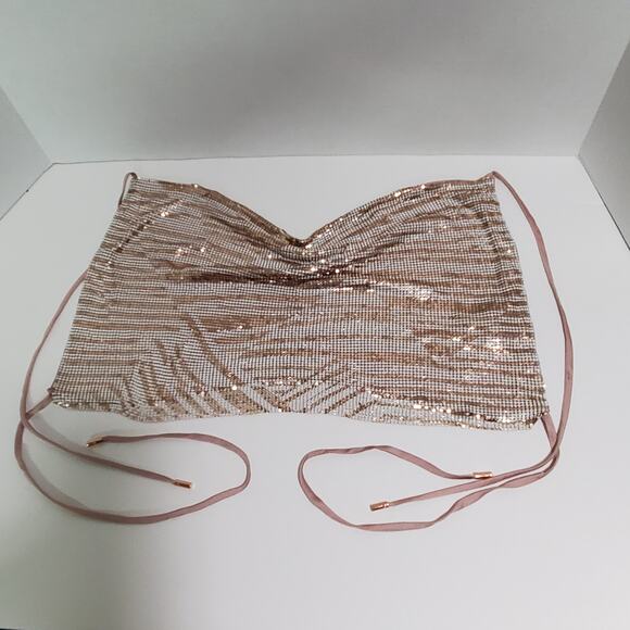 Ramy Brook Printed Rosa Halter Top XXS Metallic Chainmail Rose Gold Slinky New - Picture 13 of 14